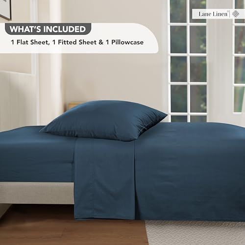LANE LINEN 100% Cotton Twin Sheet Set – Pre-Washed Cooling Sheets in Soft Percale Weave for Restful Sleep, Fade Resistant Everyday Comfort, Fully Elasticized 15” Deep Pocket, No Pill – Estate Blue LANE LINEN