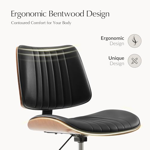 HULALA HOME Faux Leather Home Office Chair with Solid Wood Legs, 360° Swivel Desk Chair No Wheels with Bentwood Design, Mid-Century Modern Wide Seat Computer Task Chair, Black HULALA HOME