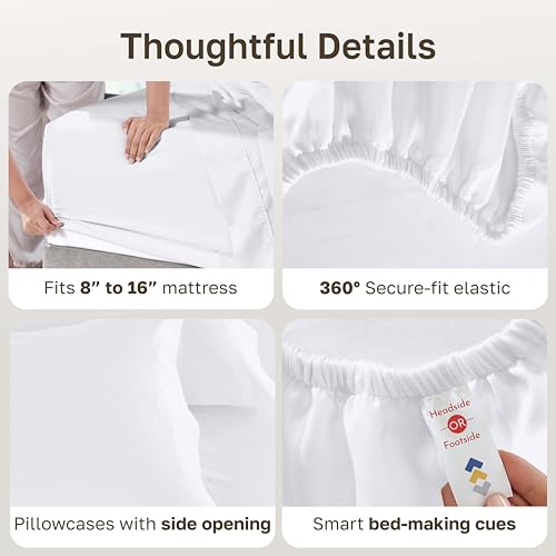 California Design Den Queen Sheet Set - Luxury 600 Thread Count Sateen, 100% Cotton Deep Pocket Queen Sheets with All Around Elastic, Snug Fit, Hotel Quality Bedding Set - White