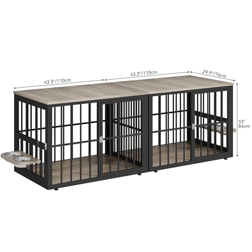 YITAHOME 88.6" Double Dog Crate Furniture, Wooden Dog Kennel with Bowls & 3 Doors, Large Double Crate Furniture TV Stand, Grey YITAHOME