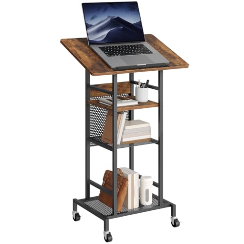 MAHANCRIS Podium Stand with Locking Wheels, 4-Tier Mobile Lectern with Storage Shelves and Non-Slip Lip, for Classroom, Church, Conference Standing Desk, Rustic Brown and Black LPHR6001 MAHANCRIS