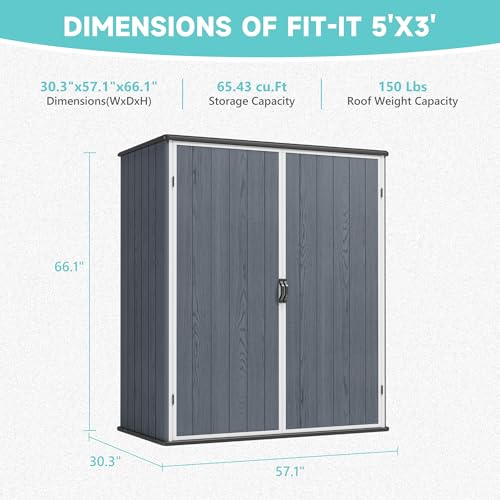 Greesum 5×3FT Plastic Outdoor Storage Shed with Floor, Resin Storaged Sheds with Lockable Door, Window & Vent, All-Weather Tool Sheds for Garden, Backyard, Patio, Dark Gray (4.7×2.5FT) Greesum