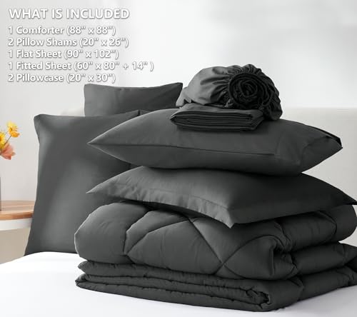 CozyLux Queen Comforter Set Dark Grey - Bed in a Bag Queen Size 7 Pieces, Luxury Soft Bed Set for All Seasons, Bedding Set with Comforter, Sheets, Pillowcases & Shams, Dark Gray, Queen CozyLux