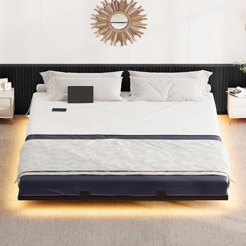 YITAHOME Floating Bed Frame King Size,Floating Bed with LED Lights & Charging Station, Metal Platform Bed Frame with Heavy Duty Steel Slats, No Box Spring Needed, Black YITAHOME