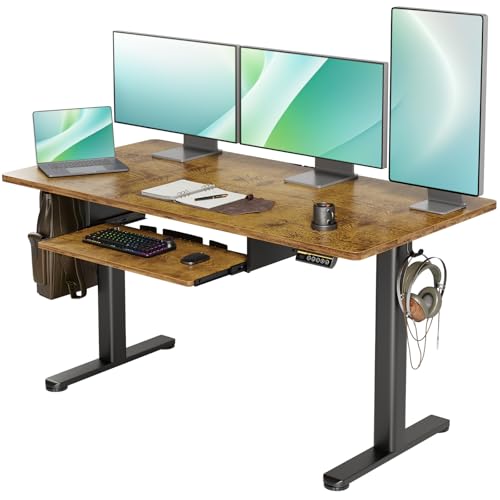 YDN Standing Desk with Keyboard Tray, 55 Inch Height Adjustable Desk, Brown Stand Up Desks for Home and Office, 55inch Rustic Brown YDN