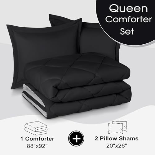Basic Beyond Queen Comforter Set - Black Comforter Set Queen, Reversible Bed Comforter Queen Set for All Seasons, Black/Grey, 1 Comforter (88"x92") and 2 Pillow Shams (20"x26"+2") Basic Beyond