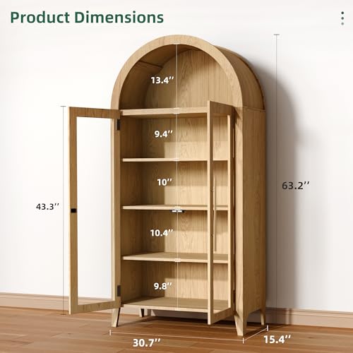 TRUNBACK 63" Arched Display Cabinet with Glass Doors, 5-Tier Curio Cabinet for Living Room, Adjustable Shelves for Dining Room & Home Office, Oak TRUNBACK