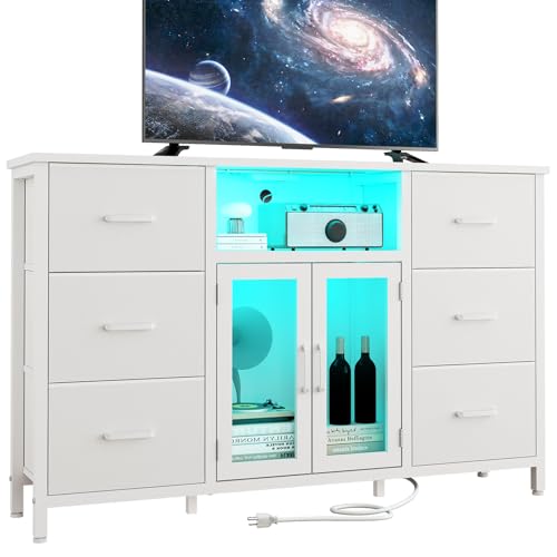 White Dresser for Bedroom Dresser TV Stand with Charging Station for 60" TV 6 Drawer Dresser Entertainment Center with LED Long Fabric Bedroom Dresser Organizer Unit Tall Chest of Drawers for Kids FFBCFDK