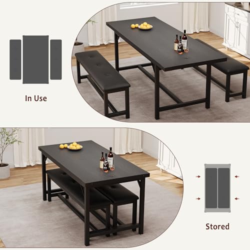 Garvee 63 in Extendable Dining Table Set for 4-6 People, 3-Piece Kitchen Table Set with 2 Upholstered Benches, Farmhouse Dining Room Table Set for Kitchen, Living Room, Apartment, Black Garvee