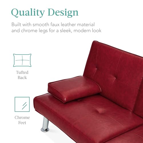 Best Choice Products Faux Leather Upholstered Modern Convertible Futon, Adjustable Folding Sofa Bed, Guest Bed w/Removable Armrests - Burgundy Best Choice Products