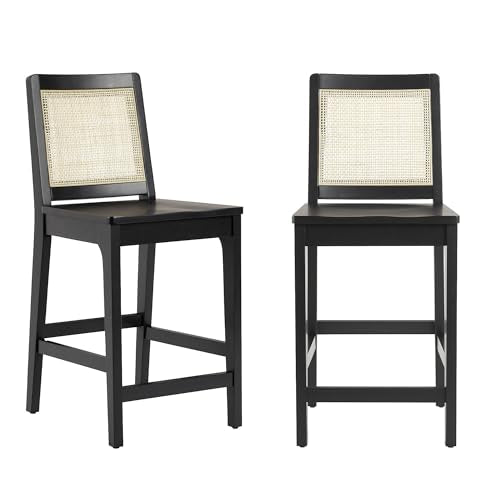 Walker Edison 2-Piece Boho Rattan Back Solid Wood Counter Stool, Set of 2, Black Walker Edison