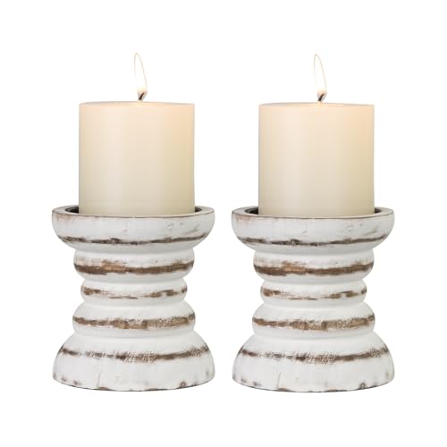 Candle Holder for Pillar Candle Set of 2, Farmhouse Wood Candle Holder, Rustic Wooden Candle Stand, Vintage Small Wooden Candlestick Holders for Living Room, Table Centerpiece, Rustic White CEDARLUX