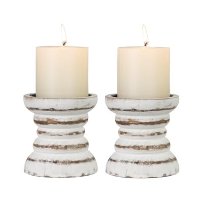 Candle Holder for Pillar Candle Set of 2, Farmhouse Wood Candle Holder, Rustic Wooden Candle Stand, Vintage Small Wooden Candlestick Holders for Living Room, Table Centerpiece, Rustic White