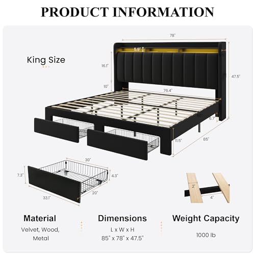 SHA CERLIN Velvet King Size Bed Frame with Vertical Channel Tufted Wingback Headboard & 2 Storage Drawers/2-Tier Shelves with LED Lights & Charging Station/Noise-Free/No Box Spring Needed/Black SHA CERLIN