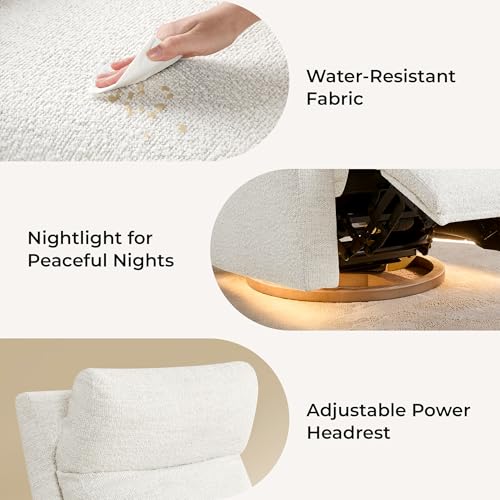 CHITA Power Swivel Glider for Adults with Nightlight, Nursery Recliner Chair with Power Headrest for Living Room, Bedroom, Water-Resistant Boucle Fabric, Boucle Fabric in Pearl