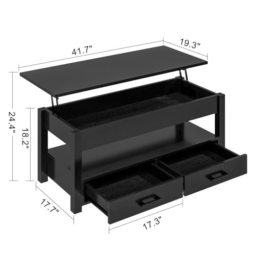 FABATO 41.7'' Lift Top Coffee Table with 2 Storage Drawer Hidden Compartment Open Storage Shelf for Living Room Folding Wood End Table (Black) FABATO