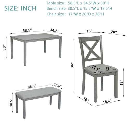 LUMISOL 6-Piece Solid Wood Dining Table Set, Farmhouse Kitchen Table Set with 4 Upholstered Chairs and Bench for Kitchen, Dining Room, Living Room, Grey LUMISOL