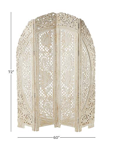 Deco 79 Wood Floral Handmade Foldable Arched Partition 4 Panel Privacy Screen with Intricately Carved Designs, Room Divider 60" x 2" x 72", White Deco 79