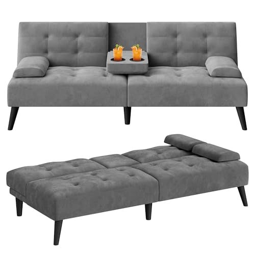 Meilocar 64" Futon Sofa Bed, Convertible Loveseat with 2 Cup Holders, Small Couch with 3 Adjustable Angles & Armrests, Sleeper Sofa for Apartment, Office, Dark Grey Meilocar