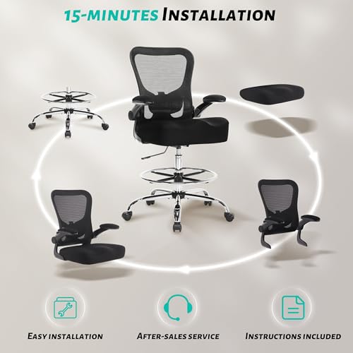 500LBS Ergonomic Drafting Chair Tall Office Chair for Counter Height or Standing Desk, Executive High Office Chairs with W-Shaped Thick Seat Cushion, Footrest Ring & Breathable Fabric, Black Sofetura