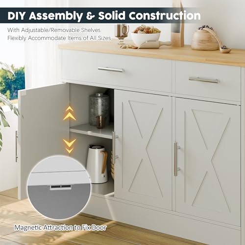 SUNLEI Sideboard Buffet with Storage, Farmhouse Kitchen Cabinet with 3 Doors and 2 Drawers, Coffee Bar Cabinet with Storage for Living Room, White SUNLEI