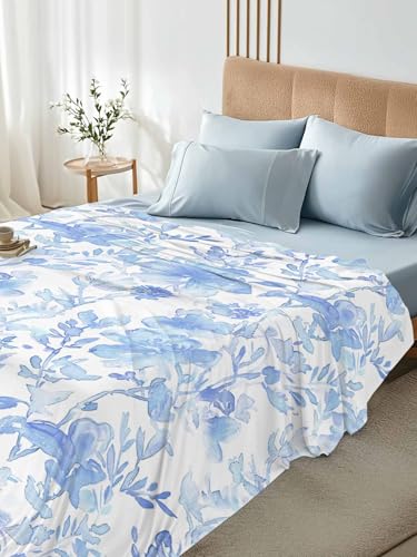 King Size Flat Bed Sheet,Blue Botanical Microfiber Brushed Single Flat Sheet Only,Retro Ink Floral Flower Modern Minimalist Soft & Breathable Top Sheet Lightweight Quilt Hotel Luxury Bedding ZOE GARDEN