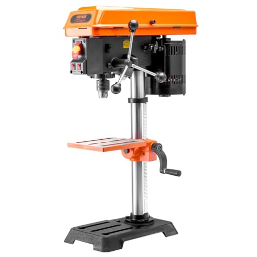 VEVOR 10 in Benchtop Drill Press, 6.2A Induction Motor, Tabletop Drilling Machine with 610/940 / 1500/2150 / 2800 RPM Adjustable Speed, 0-45° Tilting Worktable, LED Work Light, for Wood Metal VEVOR