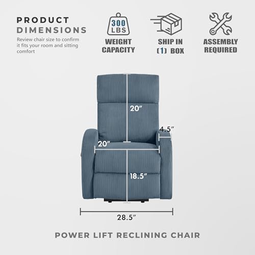 Lexicon Power Lift Recliner Chair for Elderly with Remote Control, Gentle Lift Motion, Side Pocket Armrest, Corduroy Upholstered Electric Recliner for Living Room/Bedroom, Easy Assembly, Midnight Blue
