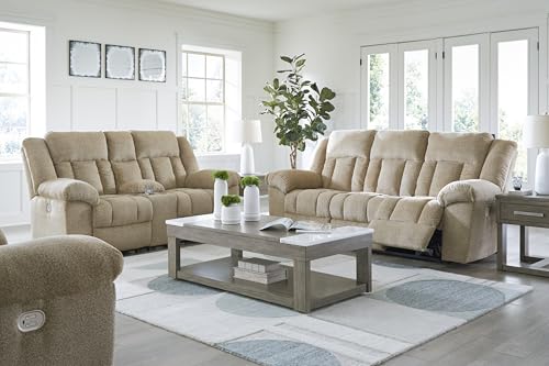 Signature Design by Ashley Tip-Off Classic Wall Hugger Power Reclining Sofa with Adjustable Headrest and USB Ports, Light Brown Signature Design by Ashley