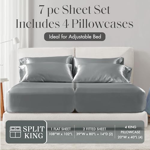 Madison Park Satin Sheets Split King Size, Luxurious Silky Bed Sheets, Elastic 14" Pocket fits up to 16" Mattress, Wrinkle-Free, Soft Satin Bed Sheet Set, Grey 7 Piece Madison Park