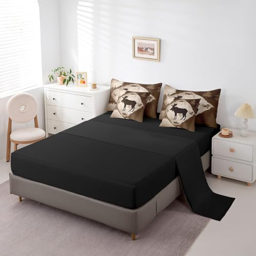 Homewish Moose Cabin King Bedding Set 7 Pieces Cartoon Wild Animal Jungle Trees Comforter Set for Kids Teens Adults Bedroom Decor (Comforter,Flat Sheet,Fitted Sheet,2 Pillowcases,2 Pillow Covers) Homewish