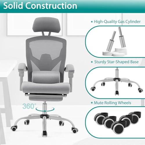 DUMOS Home Office Desk Chair with Footrest, High-Back Mesh Rolling Swivel Reclining Chairs with Wheels, Comfortable Headrest, Lumbar Support, Comfy Arms for Home, Office, Gaming, Student,Elegant Grey DUMOS