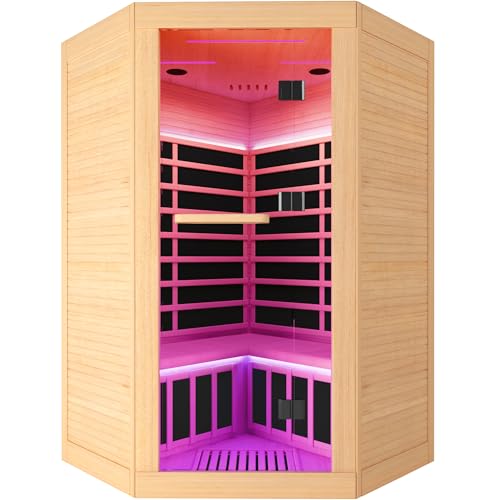 2-3 Person Corner Infrared Sauna Cabin 2180W Home Dry Steam Sauna with Colorful Lights and Bluetooth Speaker, Low Electromagnetic Radiation Canadian Hemlock Wood Dimensions 47.2 x 47.2 x 74.8 inches RIGO