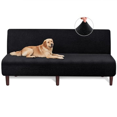 Armless Futon Cover Teddy Wool Futon Slipcover Soft Stretch Couch Covers with No Arm Sofa Bed Cover Thick Warm faux fur Sofa Covers for Winter Teddy Fleece Couch Slipcovers for Living Room (Black)
