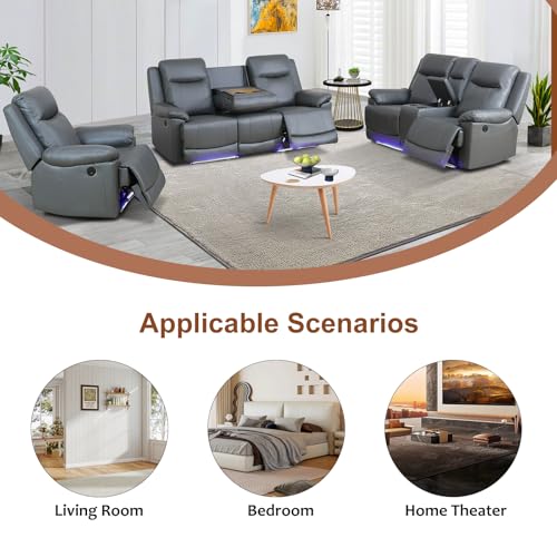 Daydo Sempli Power Recliner Sofa Set with LED/USB Port/Cup Holder,Breathing Leather Reclining Couch Set,Living Room Furniture Sets with Storage,for Living Room,House,Office(3-PCS, Deep Gray)