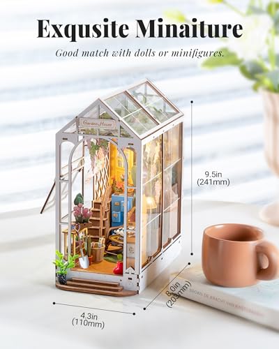 Rolife Book Nook Kit Wooden Bookcase 9.5" Garden House Miniature Kit with LED Decorative Bookends, 3D Puzzles for Adults Craft Hobby for Girls Boys Adults Rolife