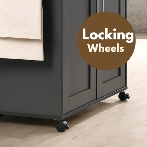 Hodedah Rolling Wood Kitchen Island Cart with Spice Rack, Towel Rack, Utensil Drawer plus Cabinet, White with Beech Top Hodedah