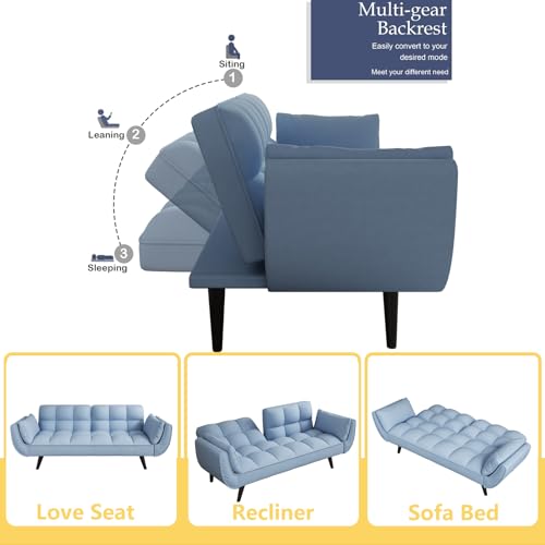 Majnesvon Velvet Futon Sofa Couch Bed with 2 Pillows, Convertible Folding Futon Couch with Adjustable Backrest, Love Seat Sleeper Sofa Bed for Small Spaces, Living Room, Office, Apartment (Blue) Majnesvon