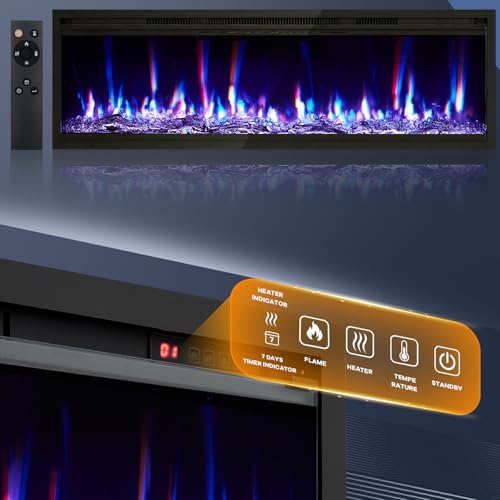 GarveeHome 50 in Electric Fireplace Wall Mounted/Recessed with Remote Control, 4.2 in Ultra-Thin Linear Fireplace Heater 750W/1500W with Timer, 12-Color Flames, Log & Crystal Options GarveeHome