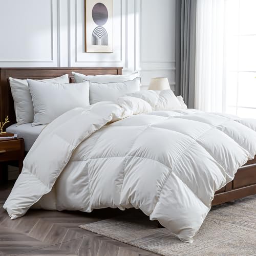 Lightweight Goose Feather Down Fiber Comforter Oversized King, 750 FP Cloudy-Fluffy Duvet Insert, Ultra-Soft Pima Cotton Blend Cover, Hotel Luxury Comforter for Hot Sleepers, White, 120x98 Inches BPC