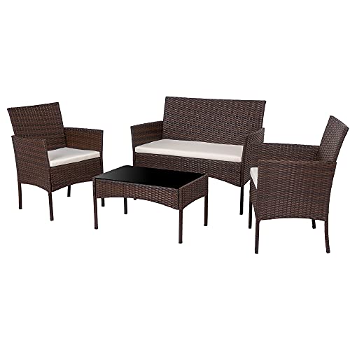 Shintenchi 4 Piece Outdoor Patio Furniture Set, Wicker Rattan Patio Conversation Set, Outdoor Chairs and Loveseat with Coffee Table for Porch, Yard & Poolside (Brown) Shintenchi