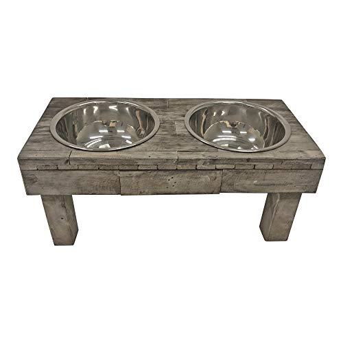 Huntley Equestrian Pet Berjen Table Elevated Double Bowl Pet Feeder, Brown Wash (Large) (02189) Huntley Equestrian