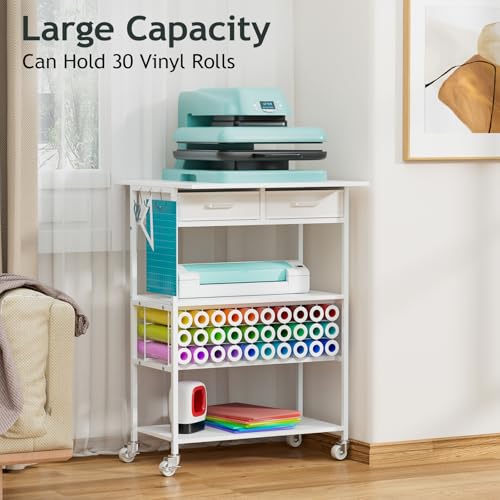 Homsorout Movable Heat Press Table - Heat Transfer Machine Stand Compatible for Cricut, Vinyl Roll Holder, Rolling Metal Wood Sublimation Printer Organizer for T Shirt Maker Craft, 23.6''×19.6'' Homsorout