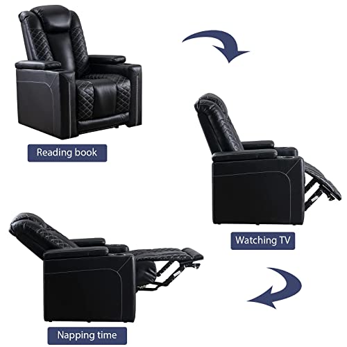 CANMOV Electric Power Recliner Chairs with USB Ports and Cup Holders, Breathable Faux Leather Home Theater Seating Recliner with Hidden Arm Storage, Ambient Lighting, Black CANMOV