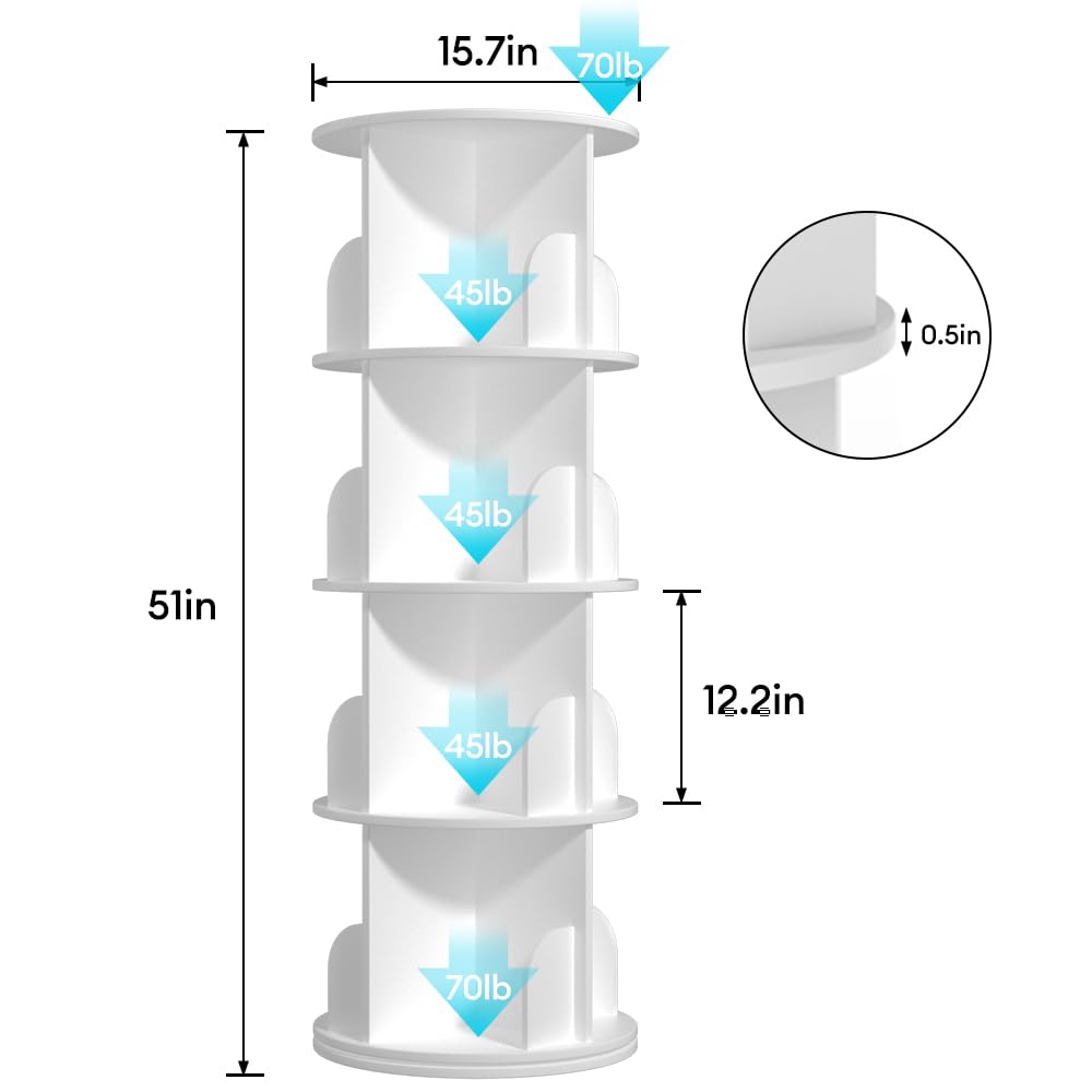 Nidouillet Rotating Bookshelf, Revolving Bookcase 360 Display Round Bookshelf Narrow Swivel Corner Book Shelf Standing Bookcase for Adult Bedroom, Living Room (White, 4 Tier-15.7" W) Nidouillet