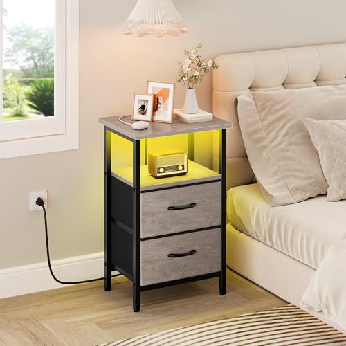 Vagusicc Night Stand Set 2, LED Nightstand with Charging Station, Bedside Table with USB Ports & Outlets, 24.2" Tall End Table with open Shelf, Bed Side Table with 2 Fabric Drawers for Bedroom, Greige Vagusicc