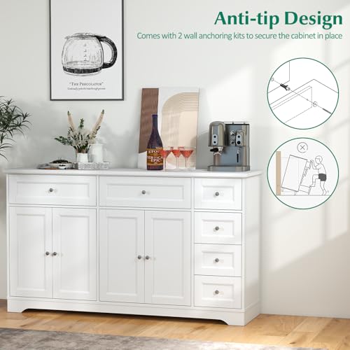 Giantex Large Buffet Cabinet with Storage, 59” Kitchen Cabinet with 4 Doors, 6 Drawers & 2 Adjustable Shelves, Modern Sideboard for Living Room, Coffee Bar, White Giantex