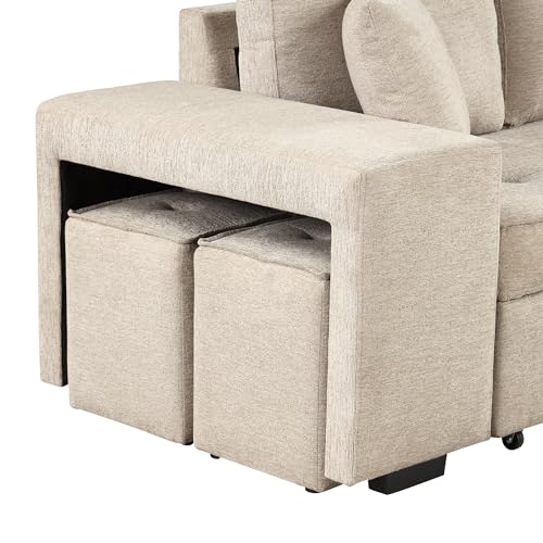 Eafurn L Shaped Reversible Sleeper Sectional Sofa Pull Out Couch Bed with Storage Chaise Lounge and 2 Stools, Button Tufted Chenille Upholstered Convertible Pullout Sofabed for Living Room Office Eafurn