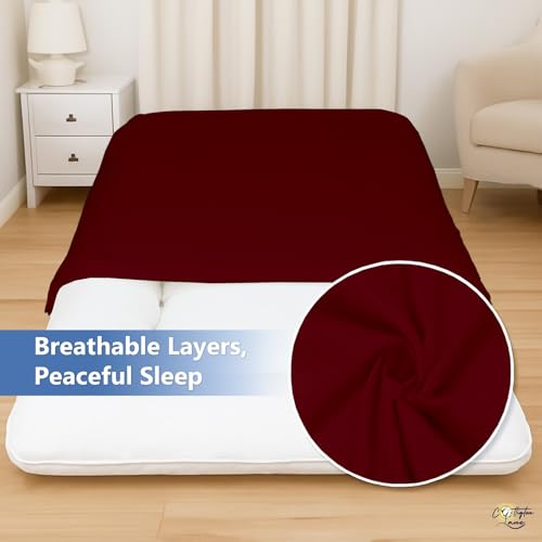 Cottington Lane Traditional Japanese Shikibuton Futon Cover, King Size Premium Cotton Zippered Floor Mattress Slipcover, Soft Durable, Ideal for Dorm Rooms, Guest Rooms, Burgundy Cottington Lane