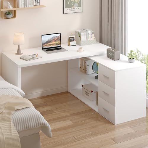 HSH White L-Shaped Computer Desk with 3 Drawers and 2 Shelves, Reversible Home Office Corner Desk for Writing Study Work Executive, 55 Inch Bedroom Wood Table Workstation Desk with Storage Cabinet HSH